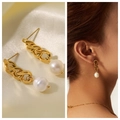 Golden link chain earrings with elegant white pearl drops shown on model and flat lay - 29# Chunky Chain Pearl