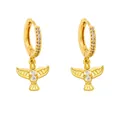 Golden owl drop earrings with crystal wings and engraved details on white background - Style B-Bird
