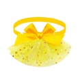 Detail of yellow pet collar featuring satin bow and star-patterned mesh ribbon - Yellow