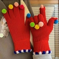 Red knit touchscreen gloves with colorful pom-poms and fingerless thumb and index design - Colorful Pom Pom Style / Red