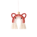 Detail of handmade cotton rainbow car charm with wooden bead and pink tassels - Red Rainbow (Ears)