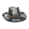 Denim patchwork fedora hat with bohemian woven band and turquoise gemstone accessory - Denim Oval Blue Stone / Black