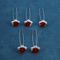 Set of five U-shaped hair pins featuring red roses with shimmering rhinestone edges - Vintage Red Rose Inlaid Style (FZ-001) / 5 Pcs Set / Red
