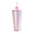 Pink purple gradient heart straw cup with grid texture and Hug Me decorative charm - 800ML / Glitter Paper