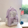 Purple and cream school backpack for girls featuring a cute bunny pendant and transparent pocket - No Pendant / Purple