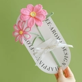 Handmade crochet bouquet with pink knitted flowers on white card with ribbon - Cosmos (Gradient Pink + Dark Pink)