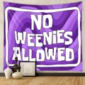 Detail of bohemian purple tapestry with No Weenies Allowed text on a minimalist wall - Purple Swirl