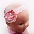 Pink lace baby headband with multi-layer silk flower and white pearl accents - 3 Pearls Pink