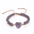 Detail showing handcrafted purple heart stone bead and woven cord of the heart bracelet - Purple Rhinestone Style (Style-08)