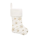White plush Christmas stocking featuring intricate gold embroidered snowflake pattern - Gold