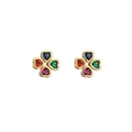 Golden four-leaf clover stud earrings with colorful heart-shaped zircon stones - Colorful Clover