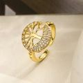 Gold plated Tree of Life open ring with cubic zirconia stones shown from a 45-degree angle - Round Life Tree (13896)
