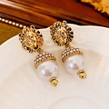 French vintage earrings featuring gold lion head studs and large white round pearls - White Zirconia Style / Silver Pin-Gold-White