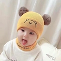 Yellow baby winter knit hat and scarf set with two brown pom-poms for infants - One Size / Bear Style / Yellow