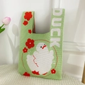 Cute green knitted tote bag with white duck and red flower patterns, featuring DUCK text - Green Dancing Duck Bag