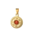 Detail showing a golden round pendant with a red gemstone inlay and sunburst texture - Pinch Bail Red Stone Pendant