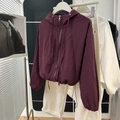 Women's burgundy long sleeve zip-up hooded jacket with drawstring hem in casual style - S / Burgundy