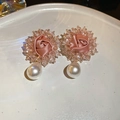 Macro detail of fabric rose earrings with crystal beads and a white pearl drop - Pink