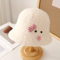 Chapeau cloche beige en peluche pour enfant avec nœud à carreaux rouges et visage - M (56-58cm) / 5080 Beige avec Nœud