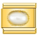 Golden bracelet charm bead featuring a central white oval pearl with a serrated metal edge - 0485 - Oval Full Gold White Pearl