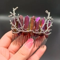 Silver branch hair comb with purple and orange raw natural crystals for women - Dark Purple + Branch