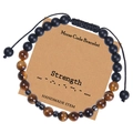 Détail du bracelet code Morse sur carte affichant le message Strength et perles d'œil de tigre - Force