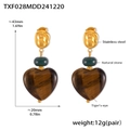 Detailed view of heart-shaped tiger eye earrings with 18k gold plated steel, 43x20mm size - TXF028-Heart Shaped Tiger's Eye Drop