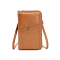 Crossbody phone bag in brown textured leather with silver zipper and gemstone pendant - Brown