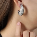 Silver C-shaped hoop earrings with a textured hammered finish for a modern look - Green Enamel Silver Color / Silver/Green