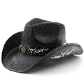 Black western cowboy straw hat with vintage bull head embroidery and leather band - M (56-58cm) / Black