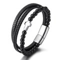 Men's multilayer black leather bracelet with silver cross bead and magnetic buckle - Black Glass Beads + White Cross