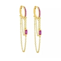 Gold chain tassel earrings with rectangular purple zircon and micro-pave hoop design - Rose Red Gold