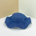 Navy blue woven straw hat with wide wavy brim and elegant black and white stitched edges - M (56-58cm) / Navy Blue