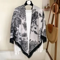 Cotton linen square scarf with black and white floral pattern and tassels on hanger - 130*130cm / B&W Patchwork Floral (MZF-122)