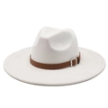Detail of wide brim fedora hat with brown woven leather band and silver square buckle - M (56-59cm) / Beige (Suede)