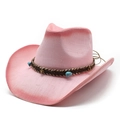 Pink straw Western cowboy hat with wide brim and turquoise beaded woven decorative band - M(56-58cm) / Rose Pink Gradient