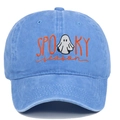 Detail of Spooky Season embroidery and white ghost on washed blue cotton baseball cap - Adjustable / Light Blue
