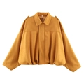 Oversized mustard yellow faux suede bomber jacket with turn-down collar and epaulets - S / Ginger Yellow