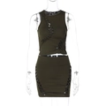 Detail of army green ribbed knit two-piece set featuring lace-up hollow out design - S / Army Green