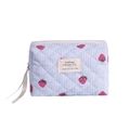 Blue striped quilted makeup bag with red strawberry patterns and top handle strap - Pillow Bag / Blue Strawberry Pillow Bag