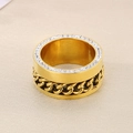 Gouden brede ring met fonkelende strass steentjes en Cubaanse schakelketting textuur - US 7 / Enkele Rij Zirkonia (KR32310-K)