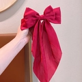 Large rose red silk satin bow hair clip with long streamers for elegant women's styling - Red