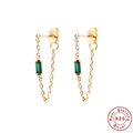 S925 Sterling Silver chain earrings with green square zircon stone in golden finish - Gold-Style 1 Green Zircon