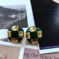 Close-up of vintage green enamel and gold checkered earrings with size 21.8x22mm - Green Checkerboard Style (BM94 Silver Post Earrings)