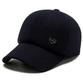 Men's winter baseball cap in dark blue wool with ear protection and metal sport badge - Adjustable / Navy Blue