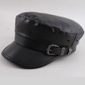 Classic black PU leather beret baker boy hat with vintage buckle strap detail - Flat Top with Binding Decor / Black