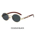 Vintage oval sunglasses with gold metal frame, dark grey lenses, and wood grain arms - Gold Frame Black Grey