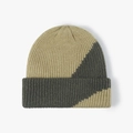 Thick double-layer knit beanie in khaki and dark grey color-block patchwork design - One Size / Dark Green