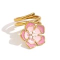 Gold plated multi-layer wrap ring with pink enamel flower and white pearl center - Petal Ring (Double Pink)
