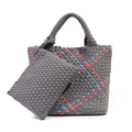 Chic woven tote bag set in dark grey with blue and red stripes, includes small pouch - Gray